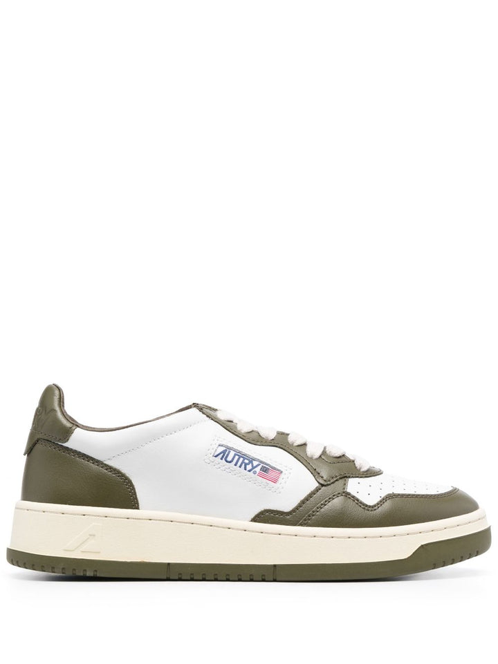 white and olive green leather sneakers