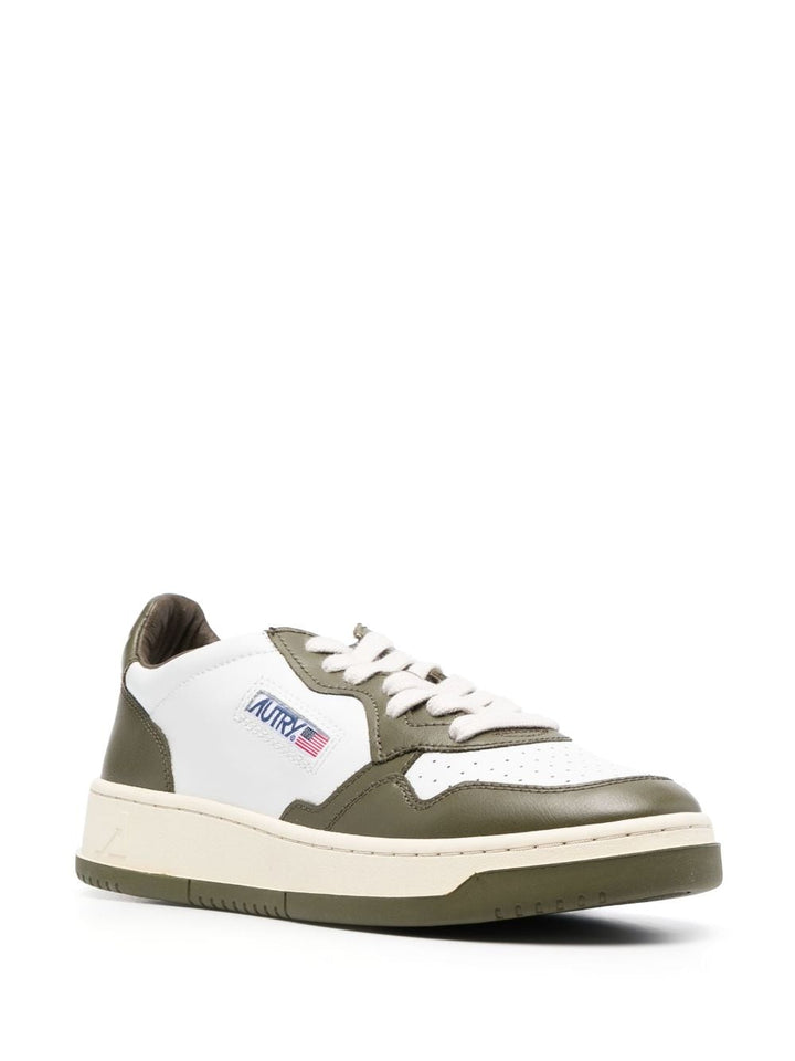 white and olive green leather sneakers
