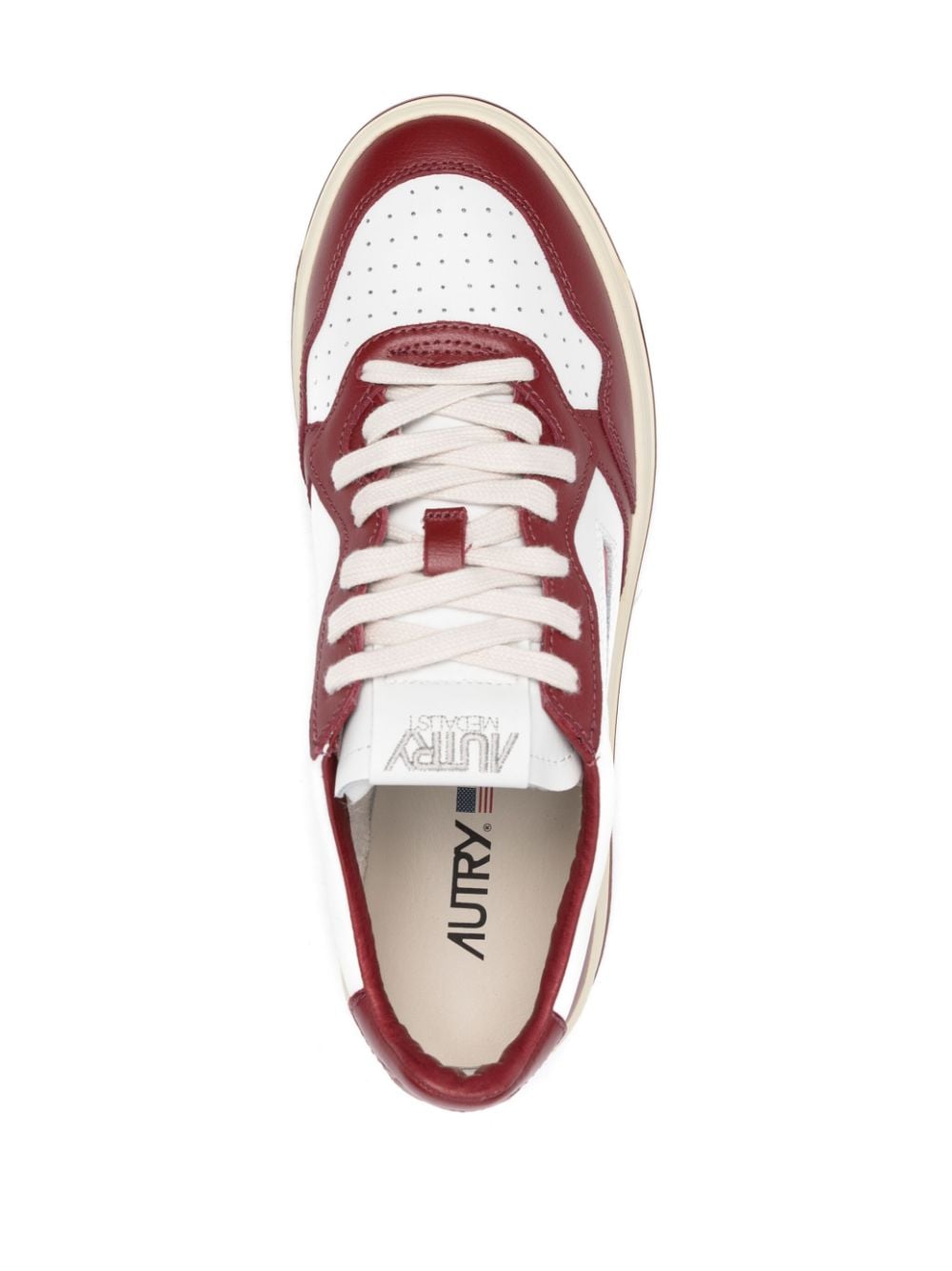 white and burgundy leather sneakers
