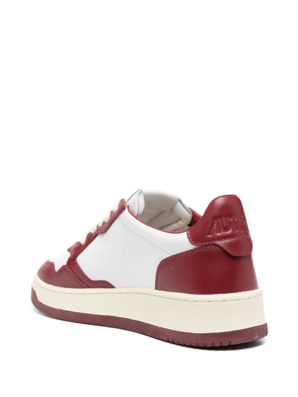 white and burgundy leather sneakers