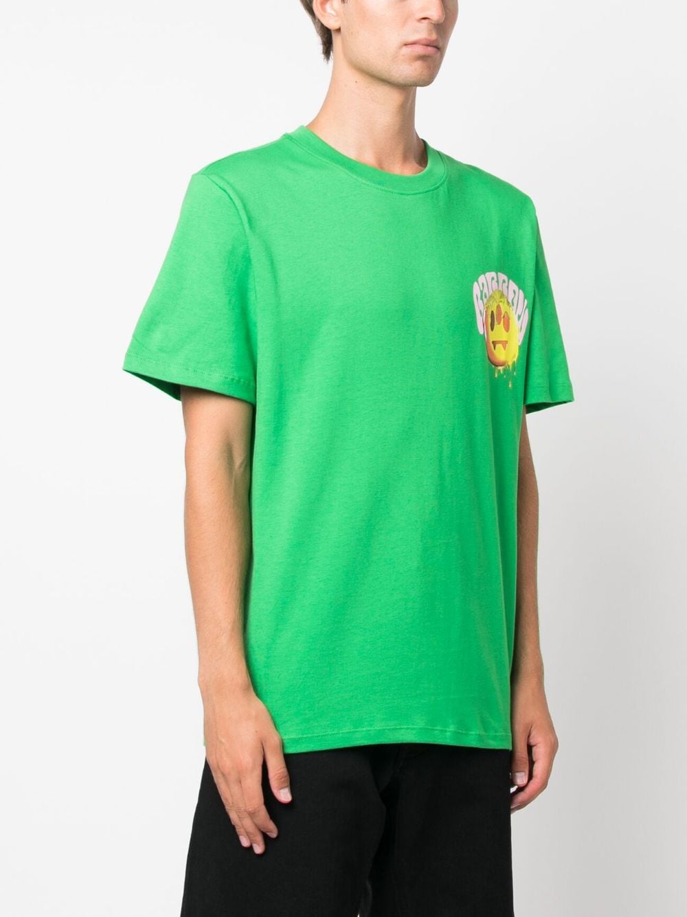 green t-shirt with colored logo print
