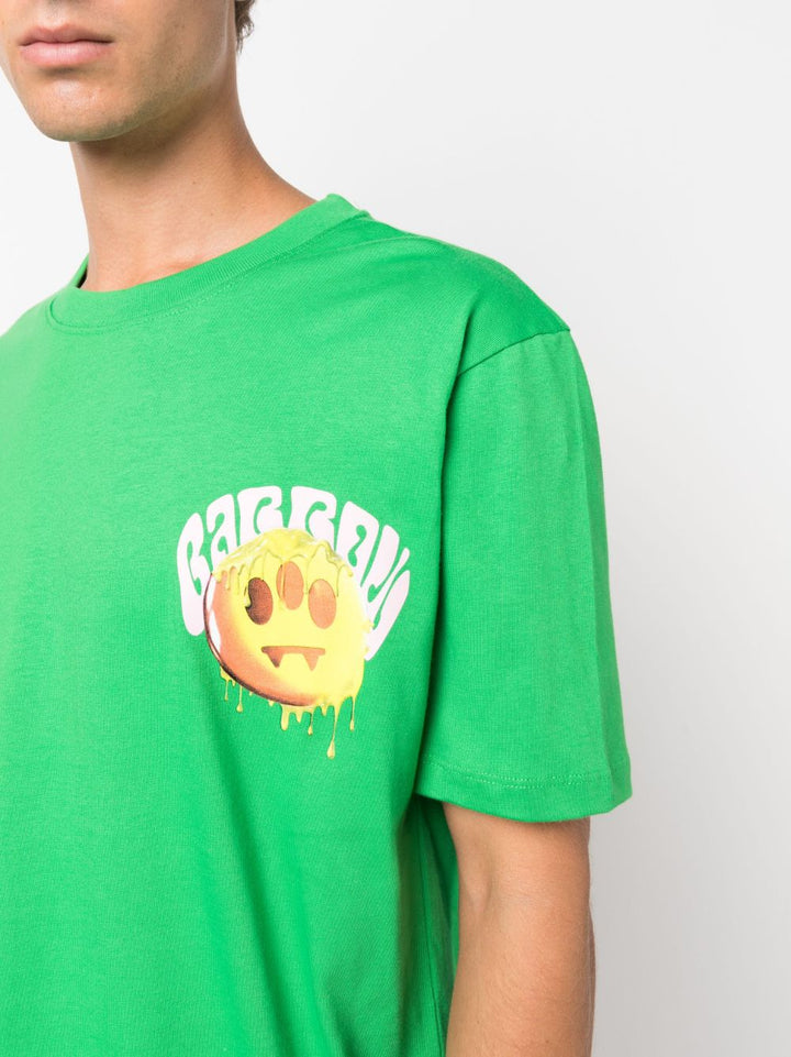 green t-shirt with colored logo print
