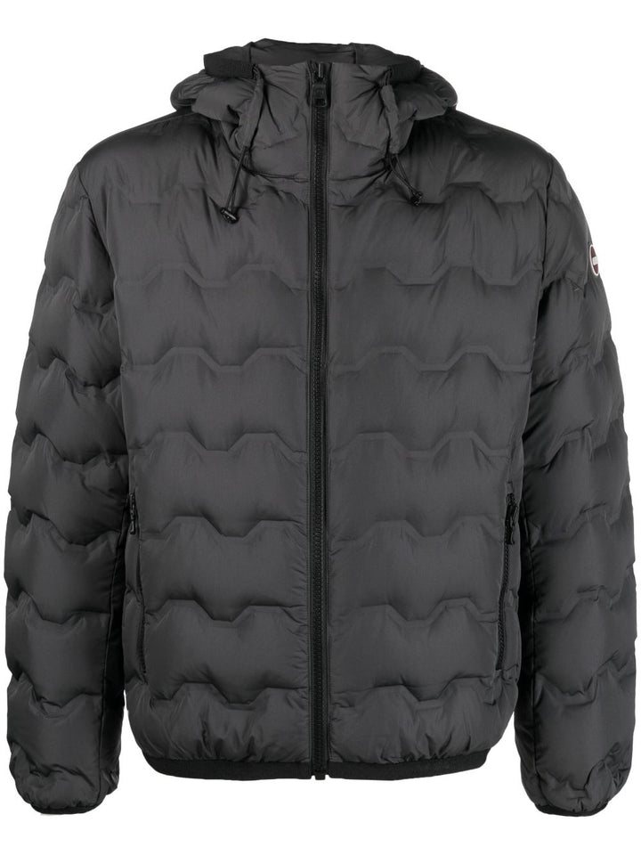 gray quilted down jacket