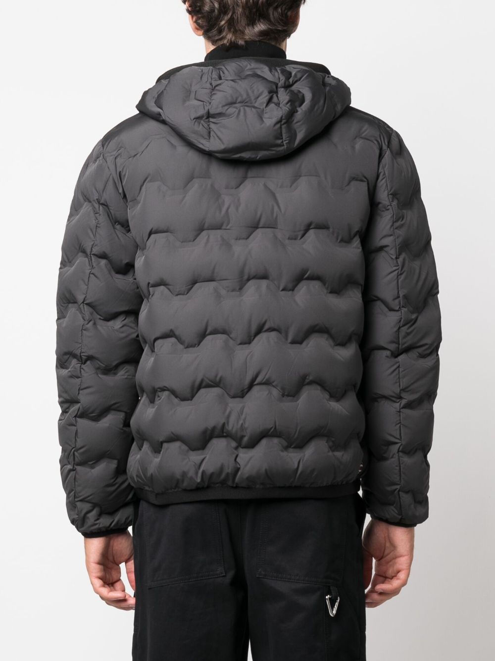 gray quilted down jacket