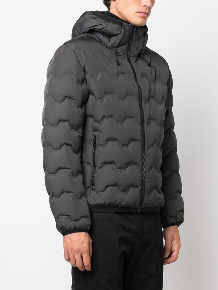 gray quilted down jacket