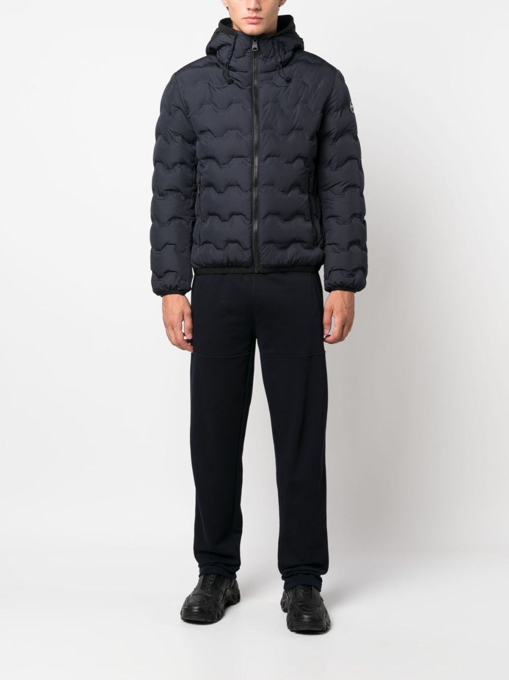 blue quilted down jacket