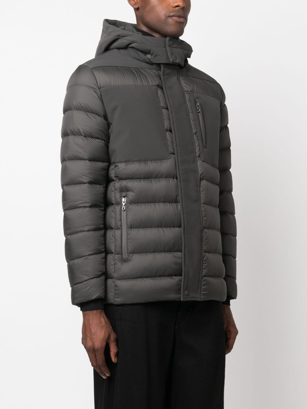 gray down jacket with hood