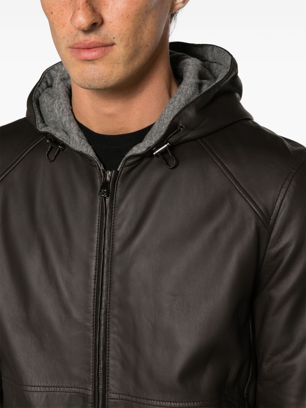 dark brown leather bomber jacket with hood