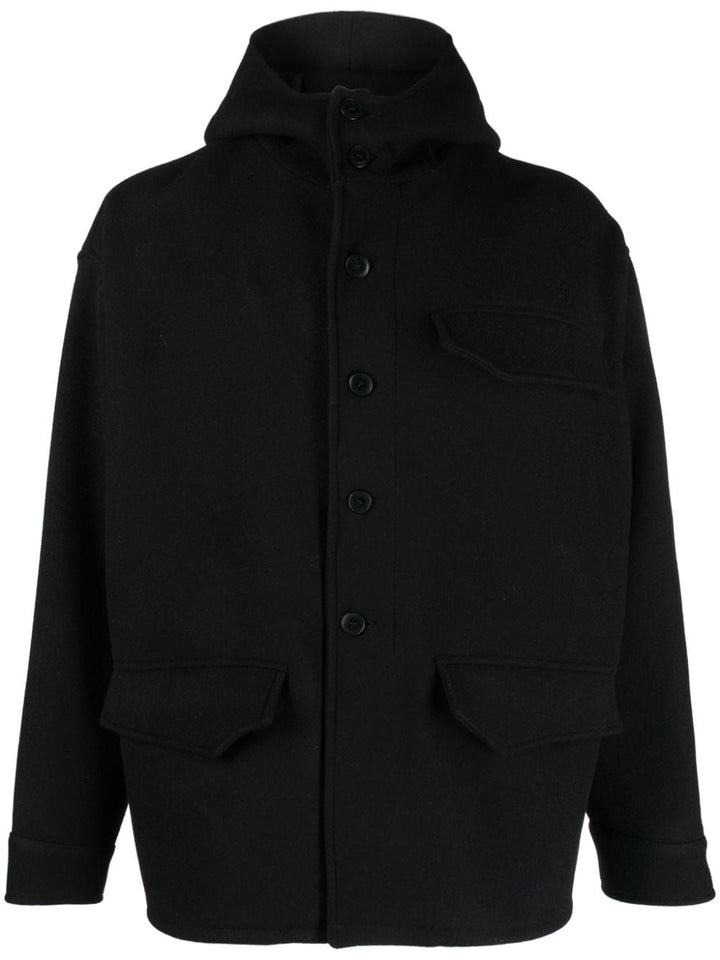 black pea coat with hood