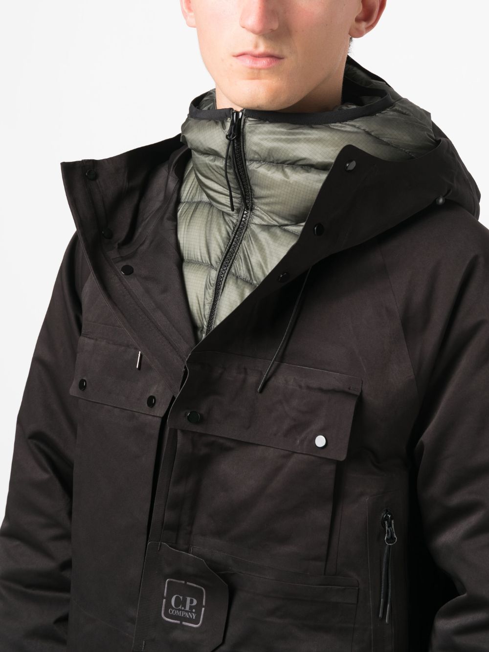 black jacket with hood and down jacket