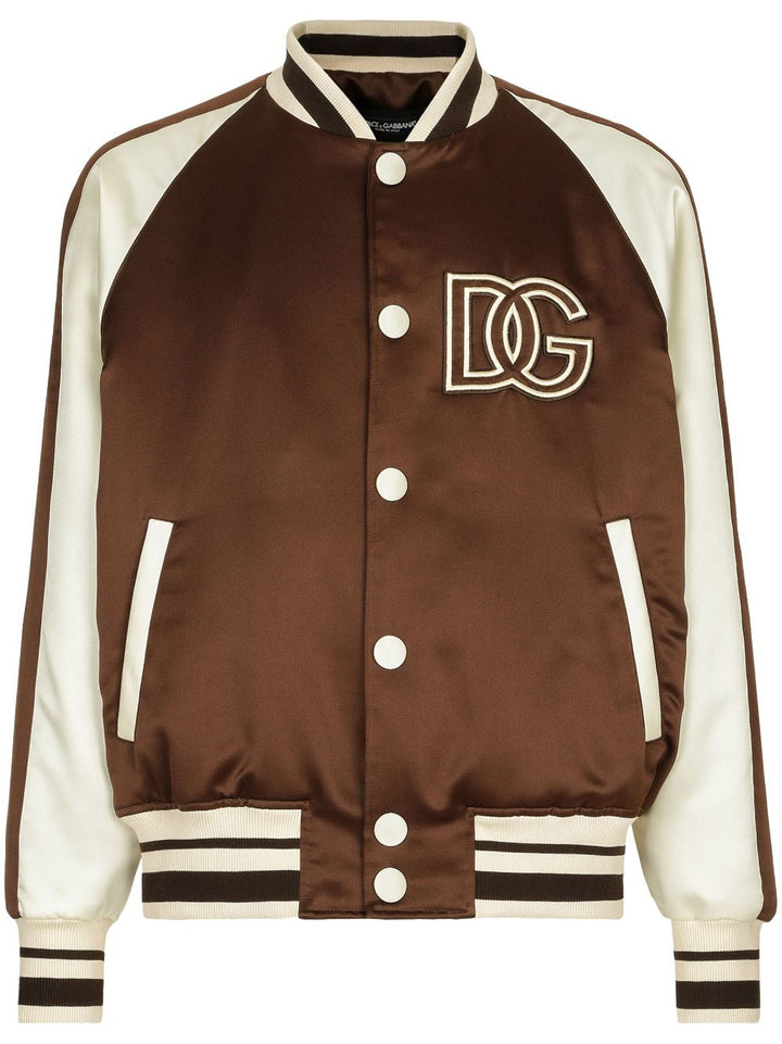 brown and cream color-block bomber jacket