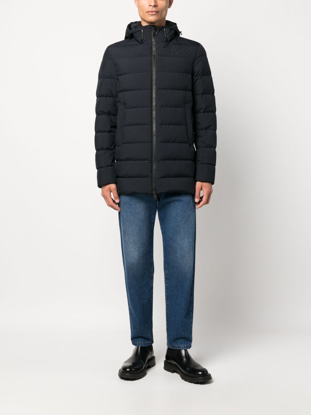 blue quilted down jacket