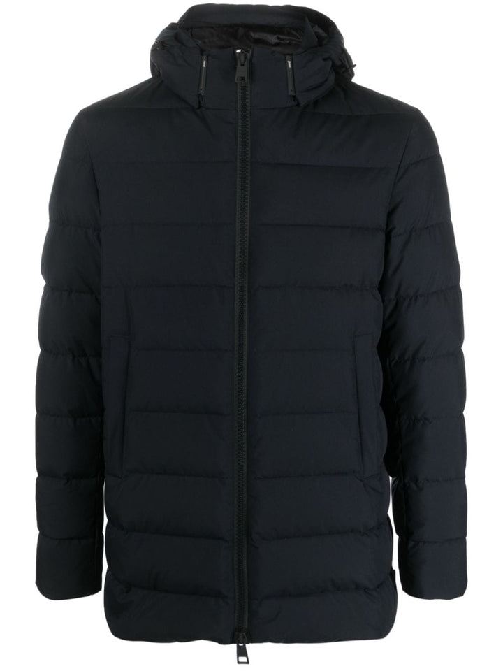 blue quilted down jacket