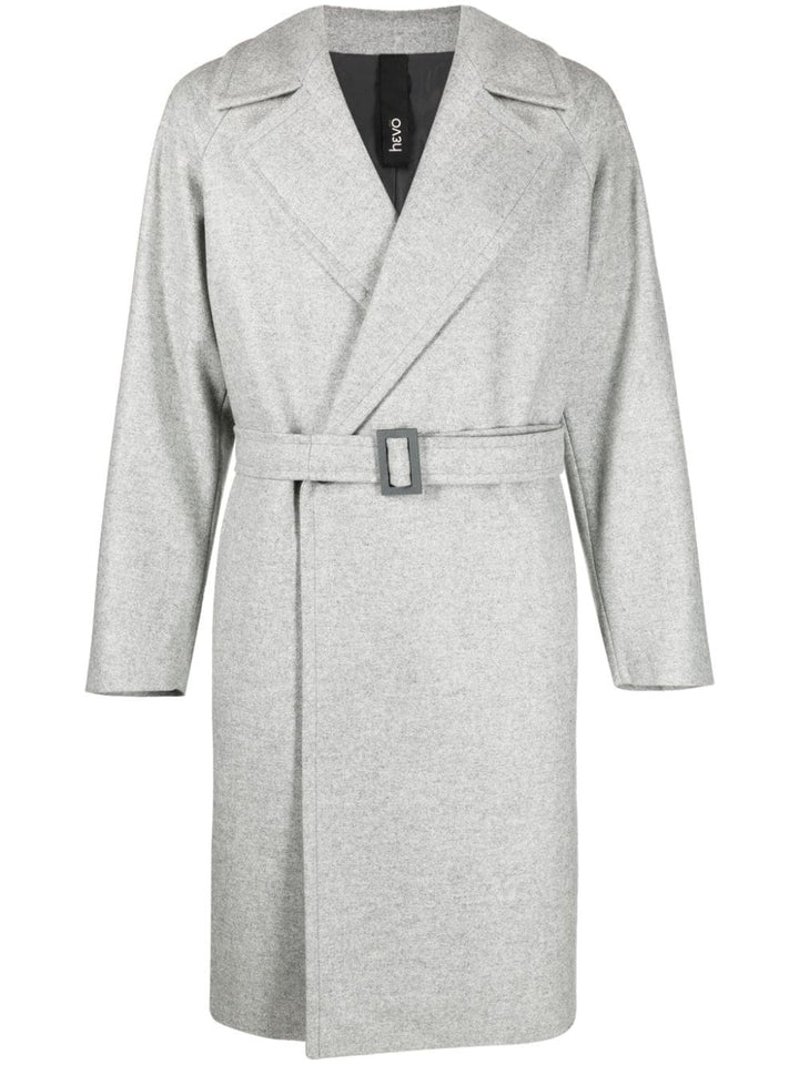 gray double-breasted coat with belt