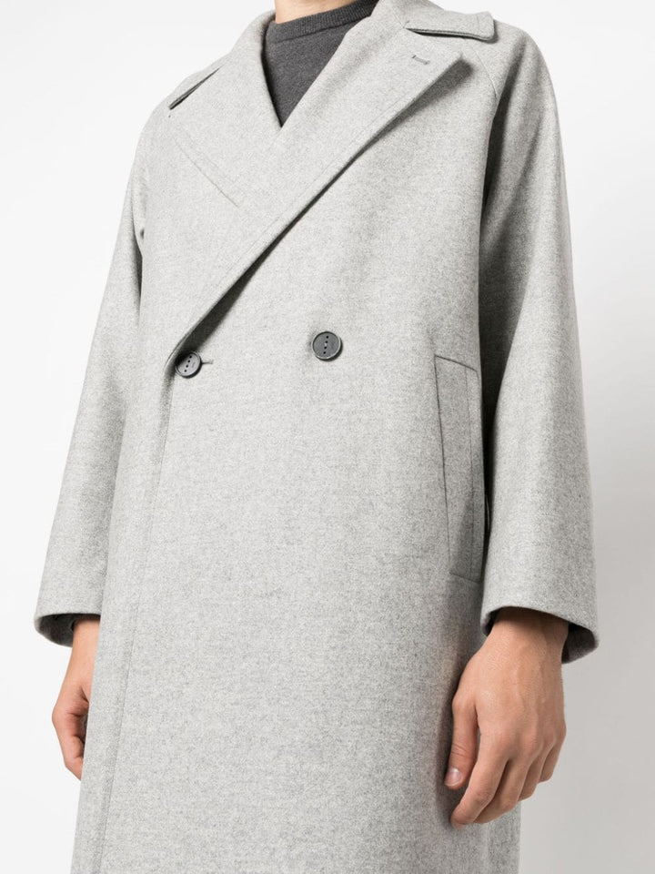 gray double-breasted coat with belt