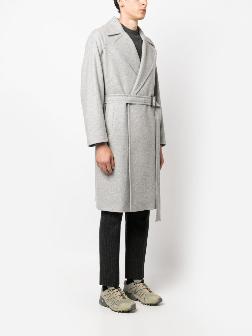 gray double-breasted coat with belt