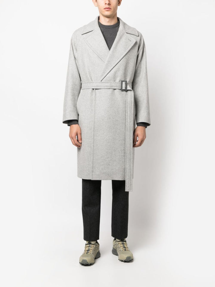 gray double-breasted coat with belt