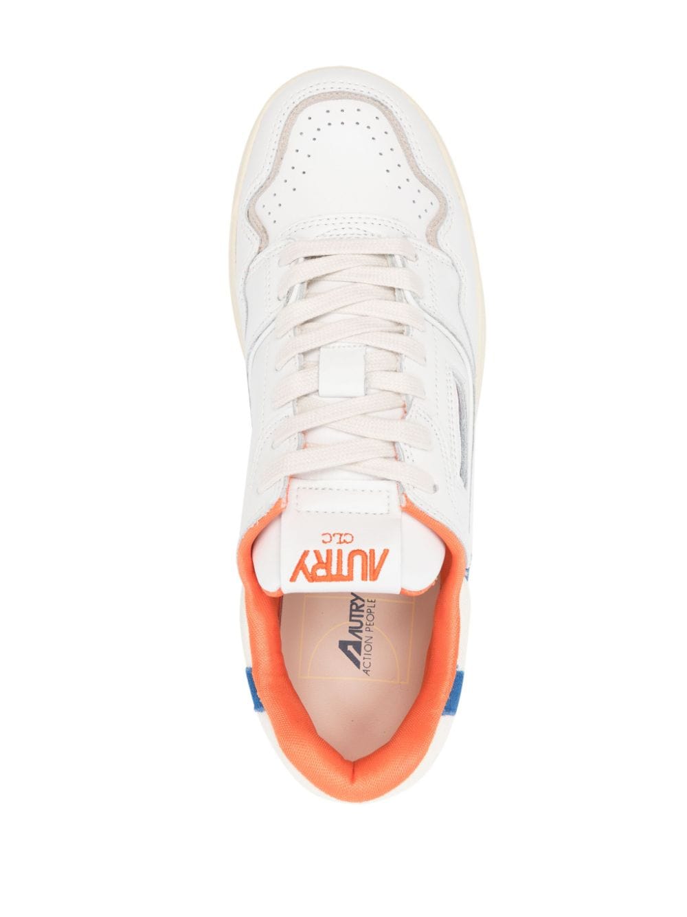 white medialist clc sneaker with blue and orange inserts