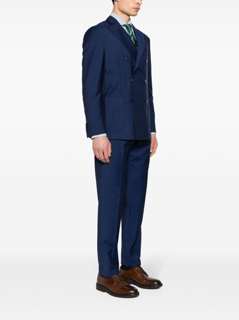 Double-breasted blue pinstripe suit