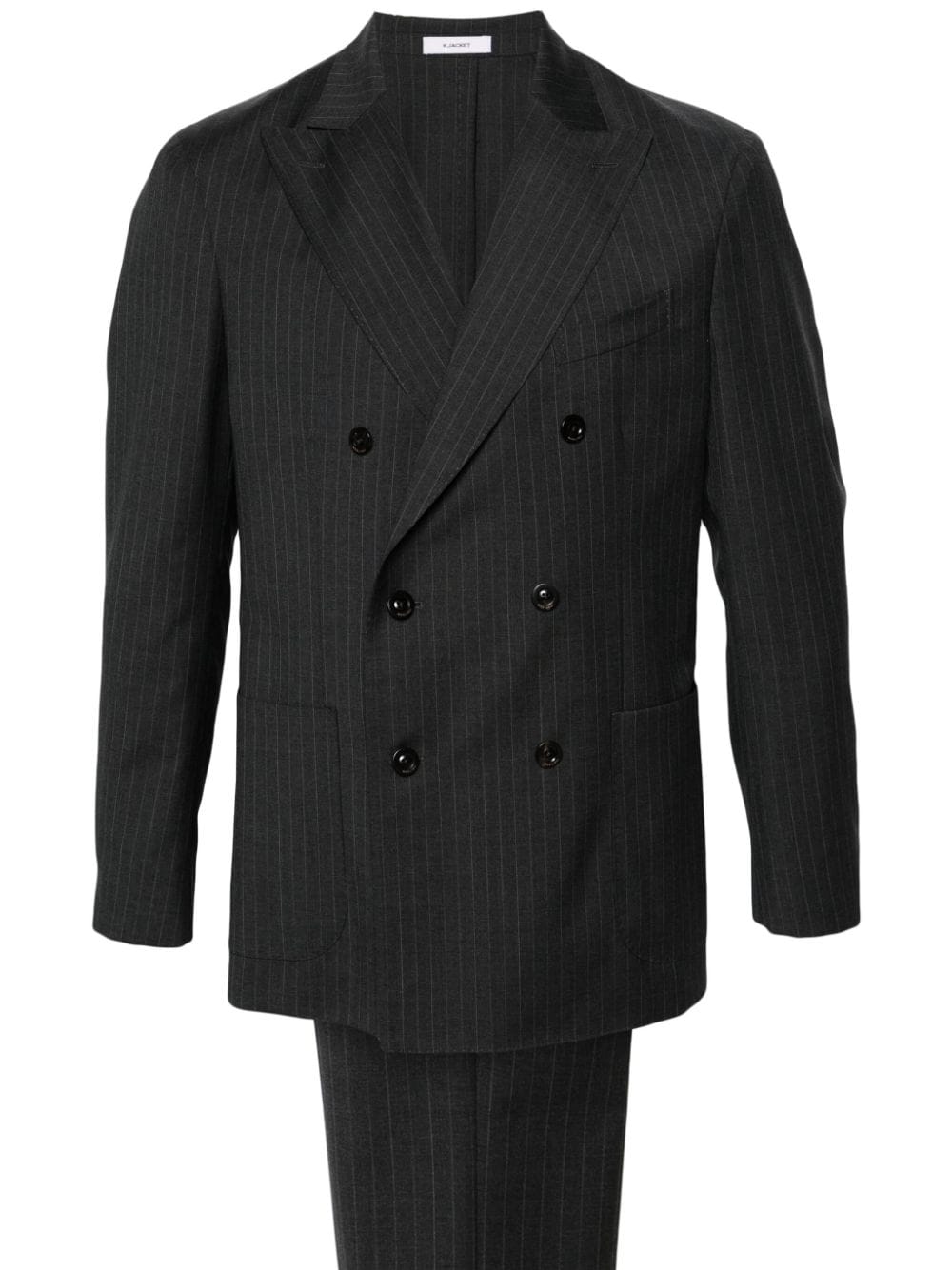 Double-breasted gray pinstriped suit