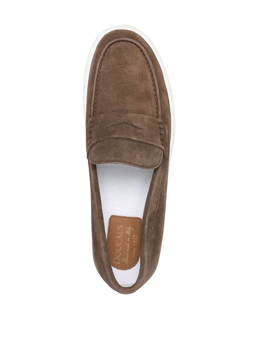 Brown suede penny loafer