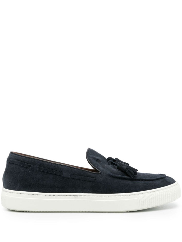 Blue suede moccasin with tassels