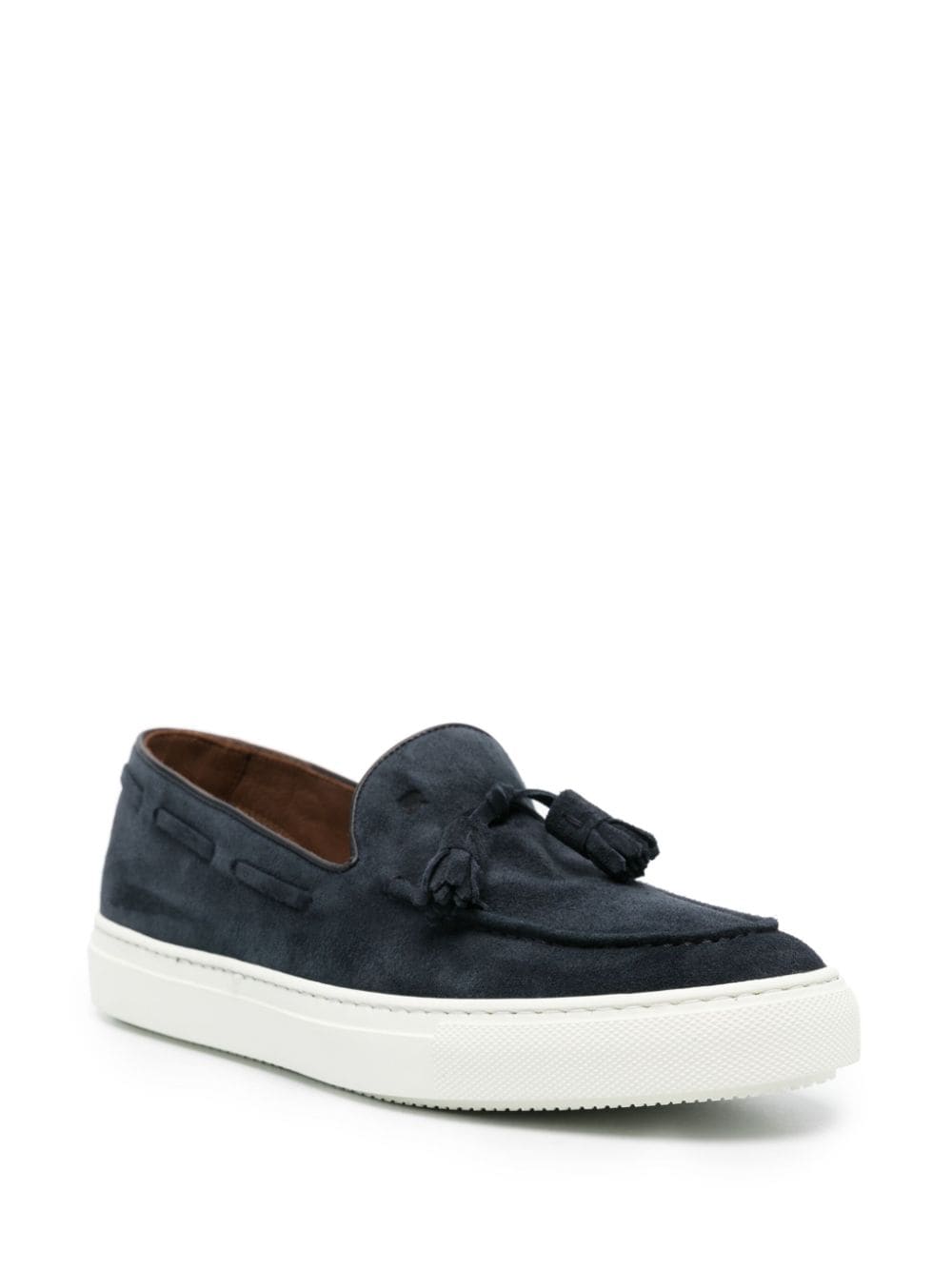 Blue suede moccasin with tassels