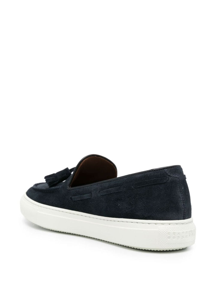 Blue suede moccasin with tassels