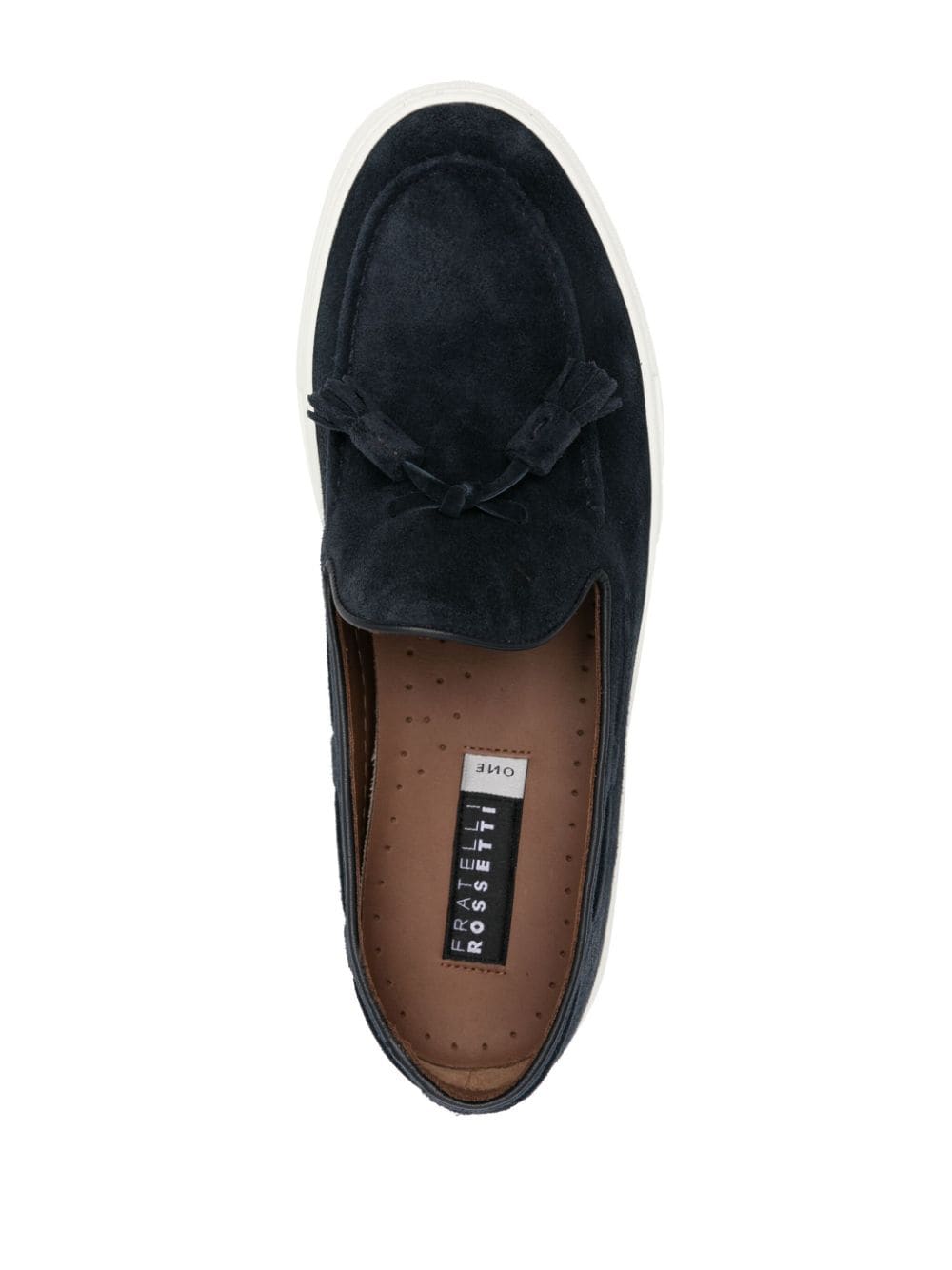 Blue suede moccasin with tassels