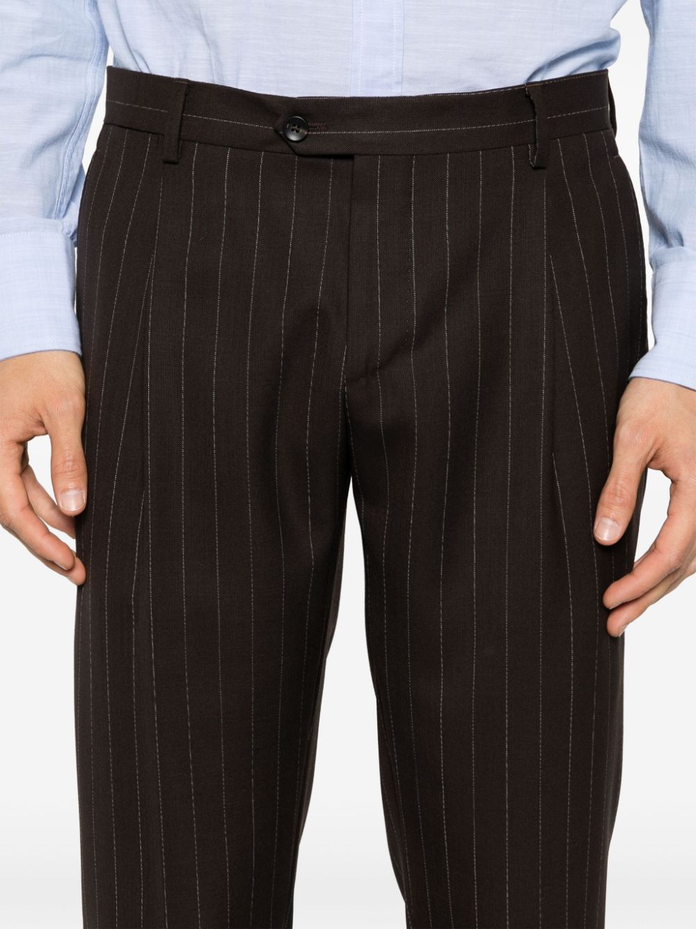 Double-breasted brown pinstripe suit
