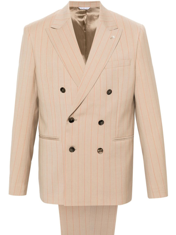 Beige double-breasted pinstriped suit