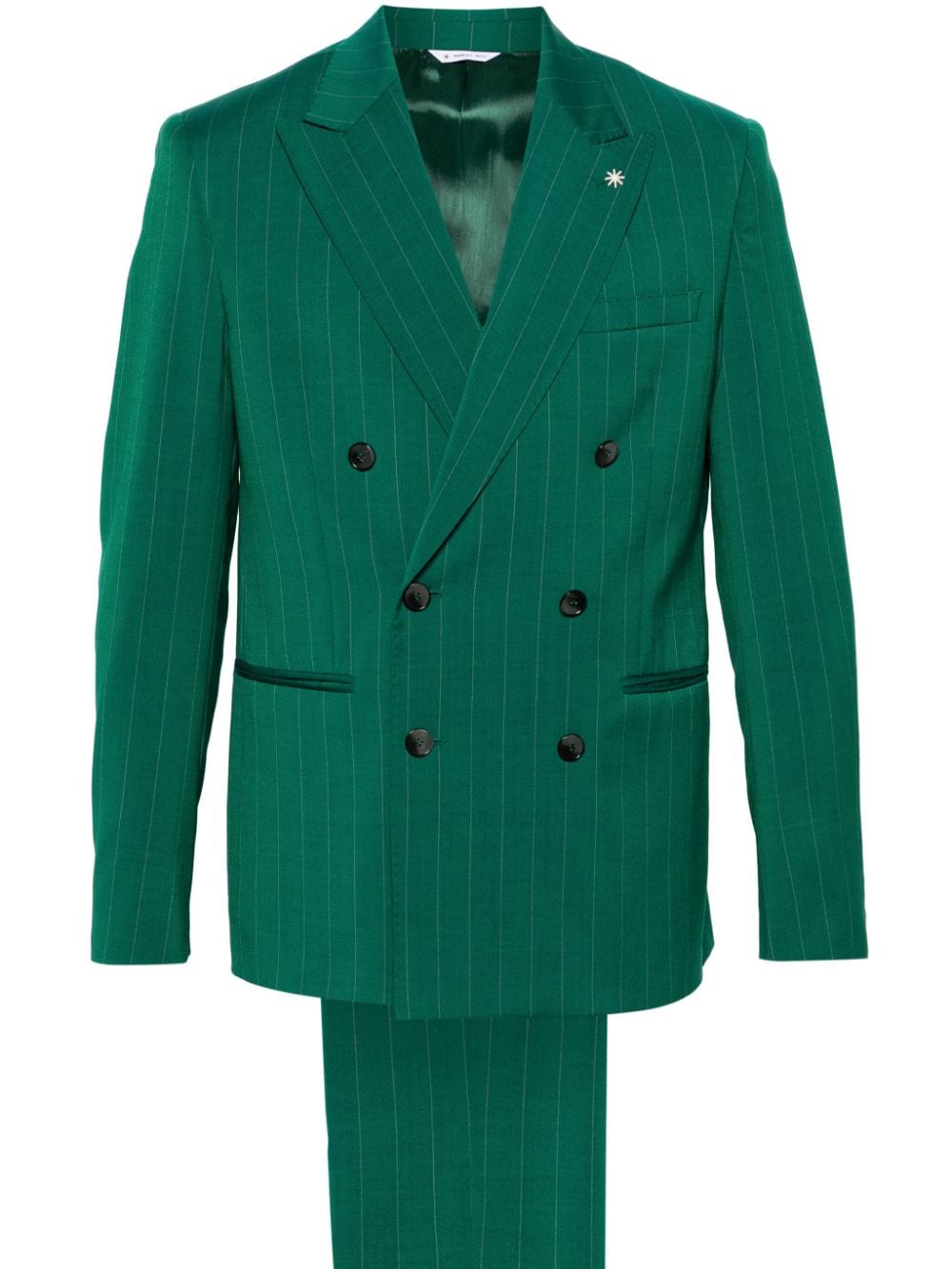 Green double-breasted pinstripe suit