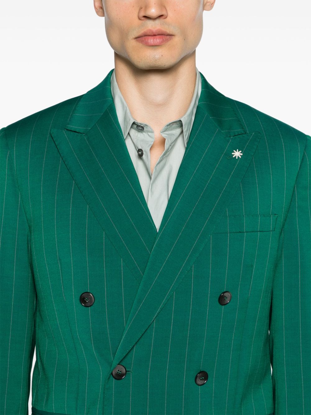 Green double-breasted pinstripe suit