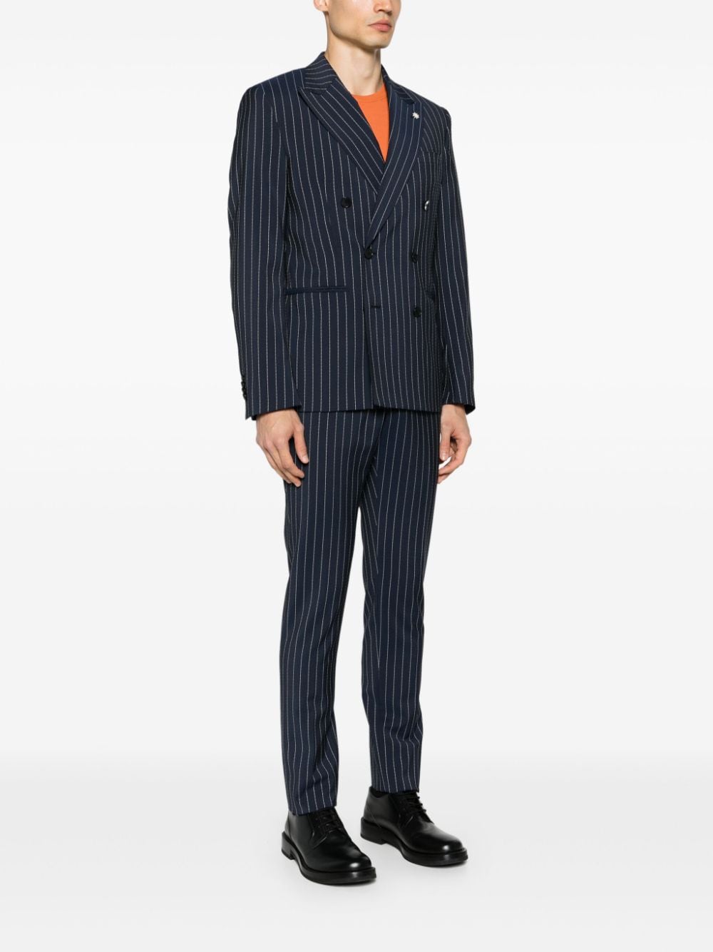 Double-breasted blue pinstripe suit