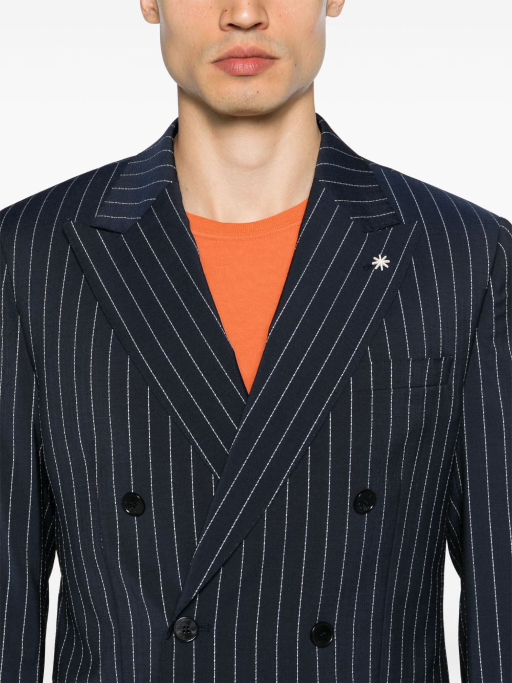 Double-breasted blue pinstripe suit