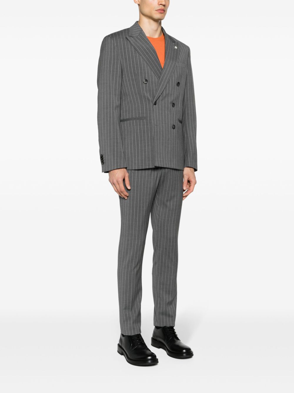 Double-breasted gray pinstripe suit
