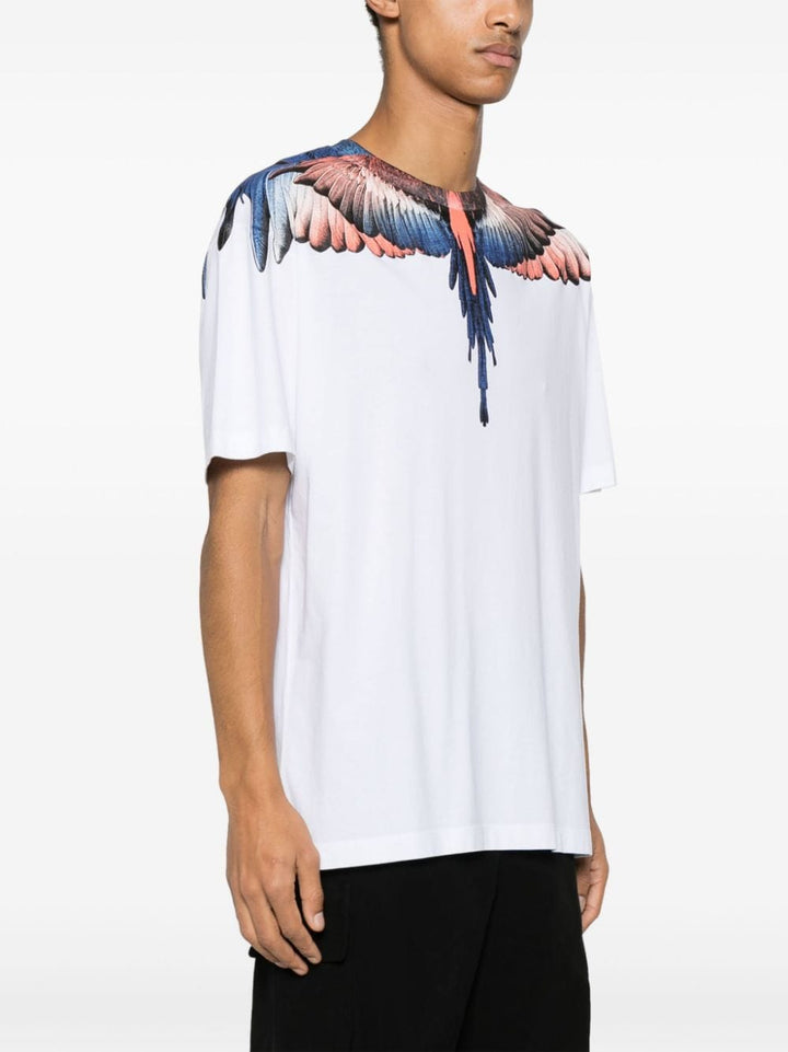 White t-shirt with multicolor wings icon print