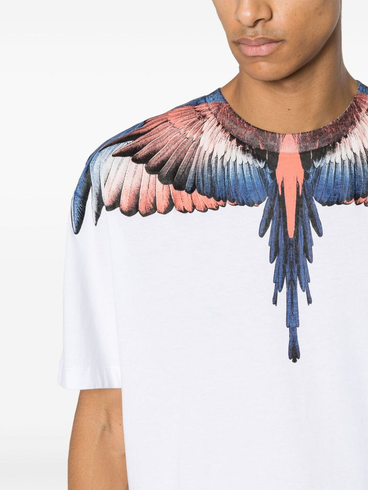 White t-shirt with multicolor wings icon print