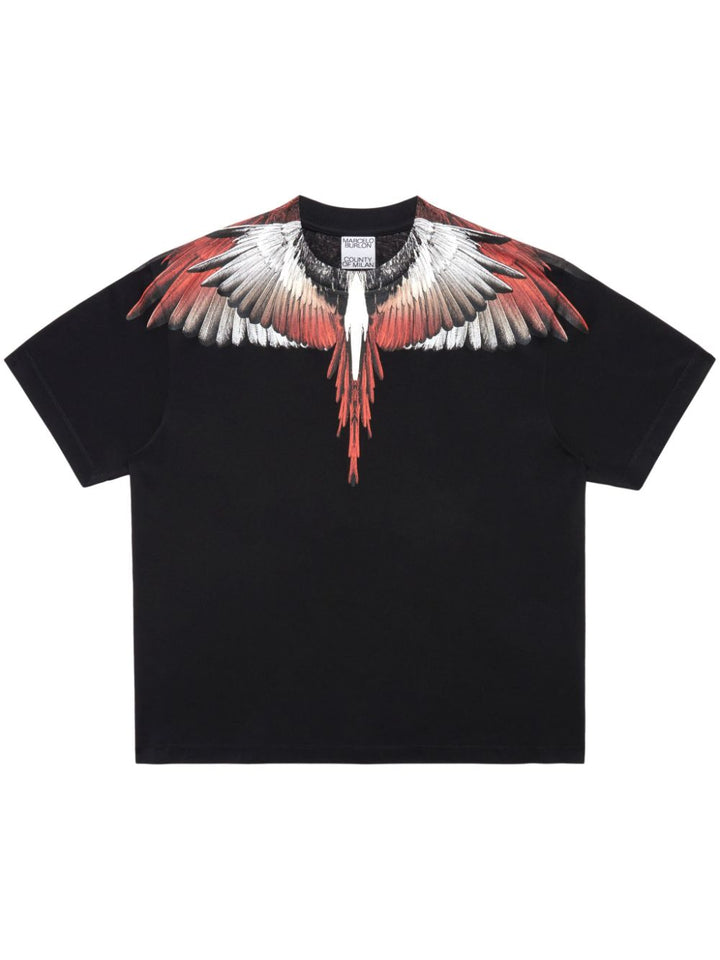 Black t-shirt with red wings icon print