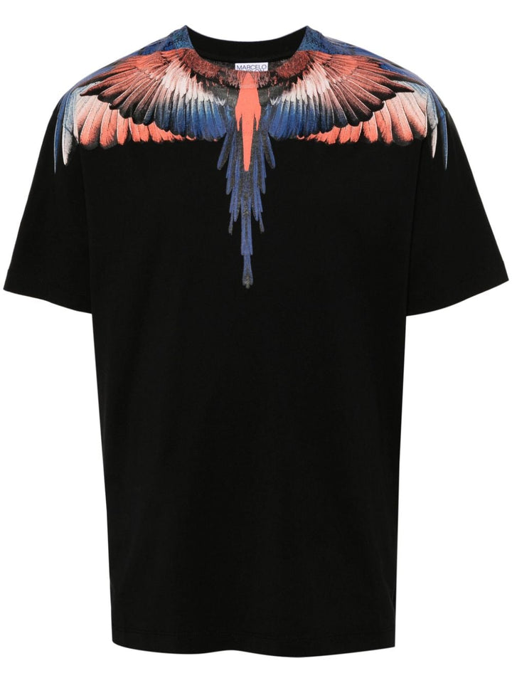 Black t-shirt with multicolor wings icon print