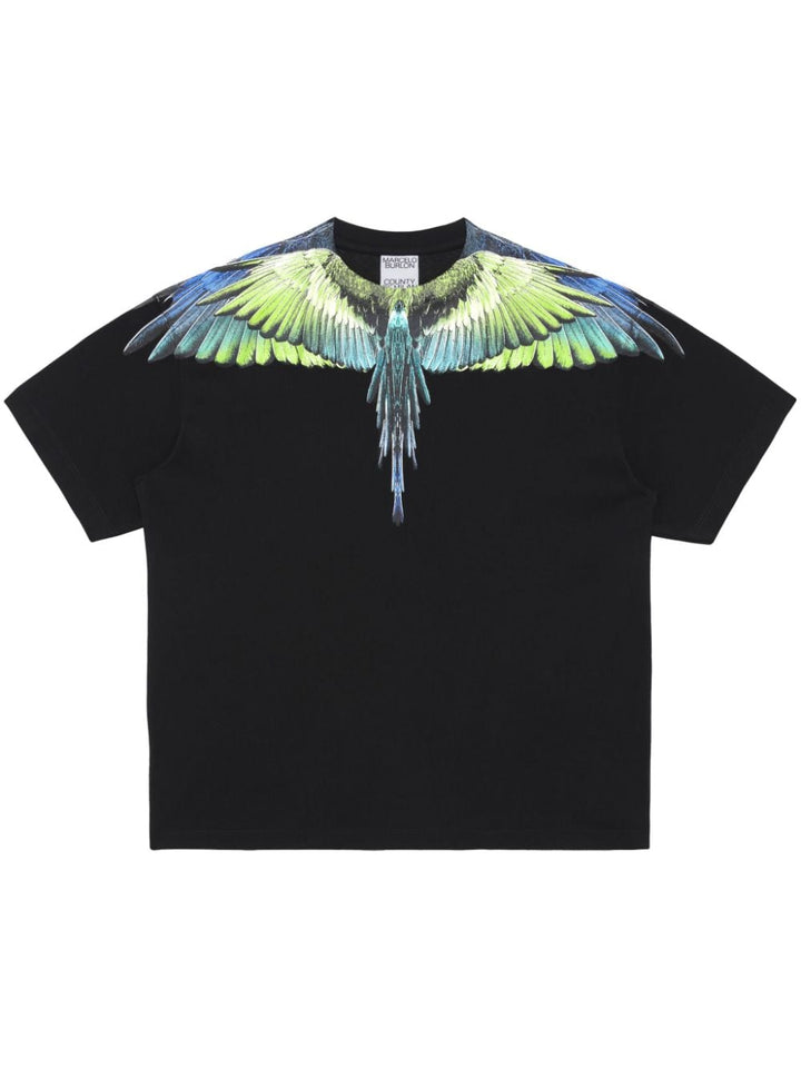 T-shirt nera stampa icon wings verde