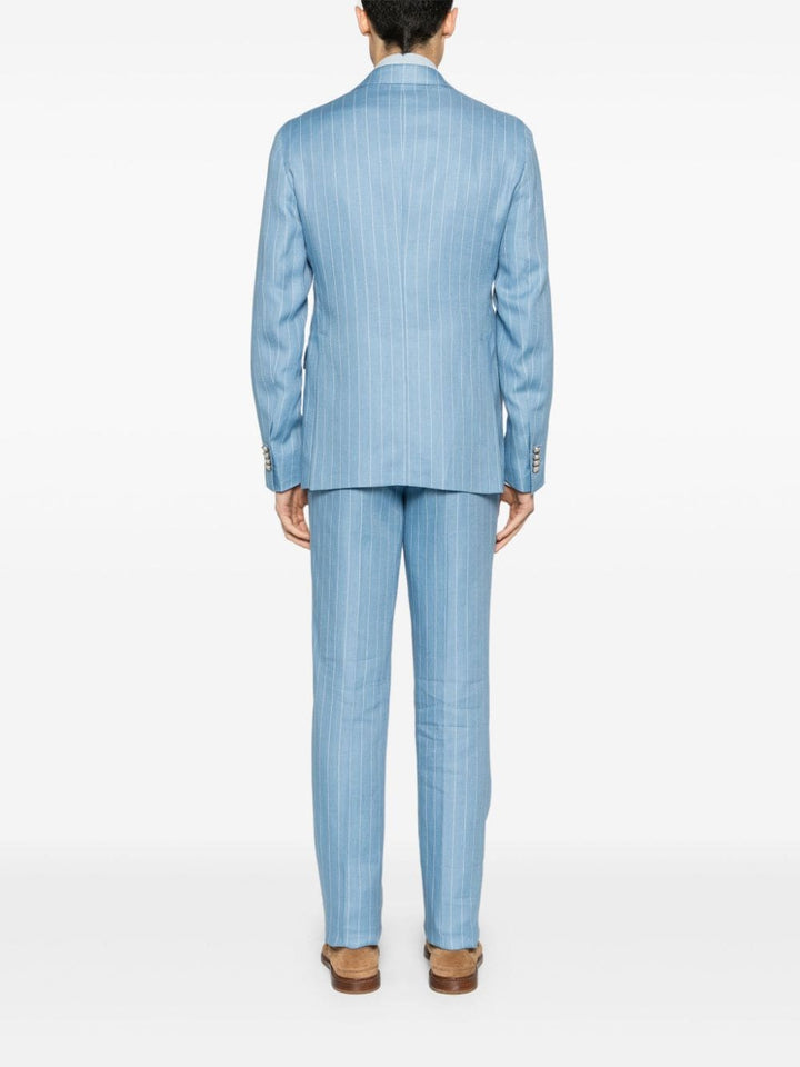 Double-breasted light blue pinstripe suit