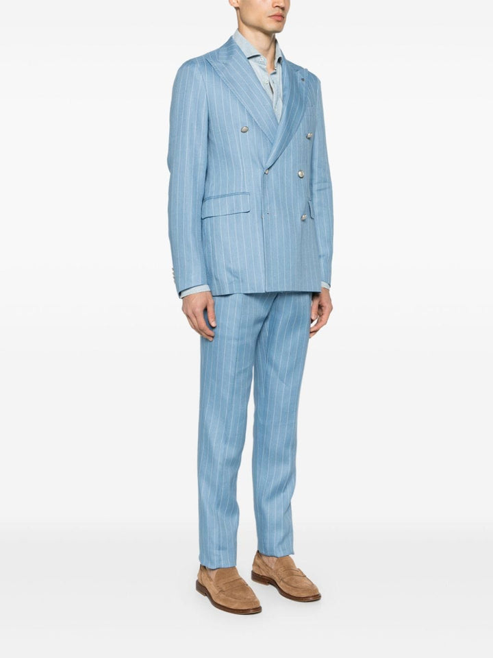 Double-breasted light blue pinstripe suit