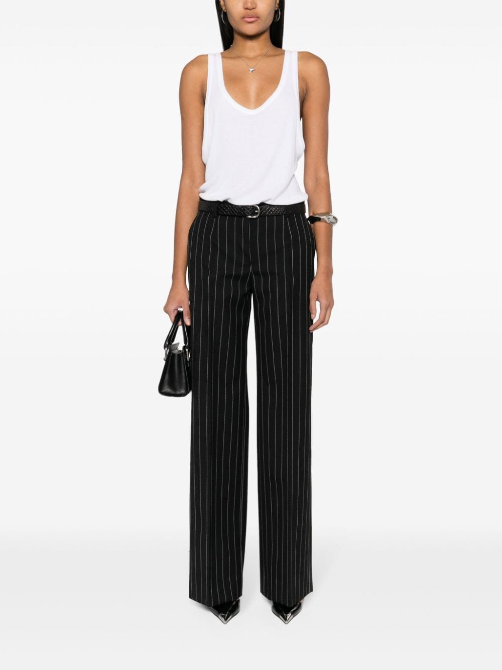 Straight pinstriped trousers
