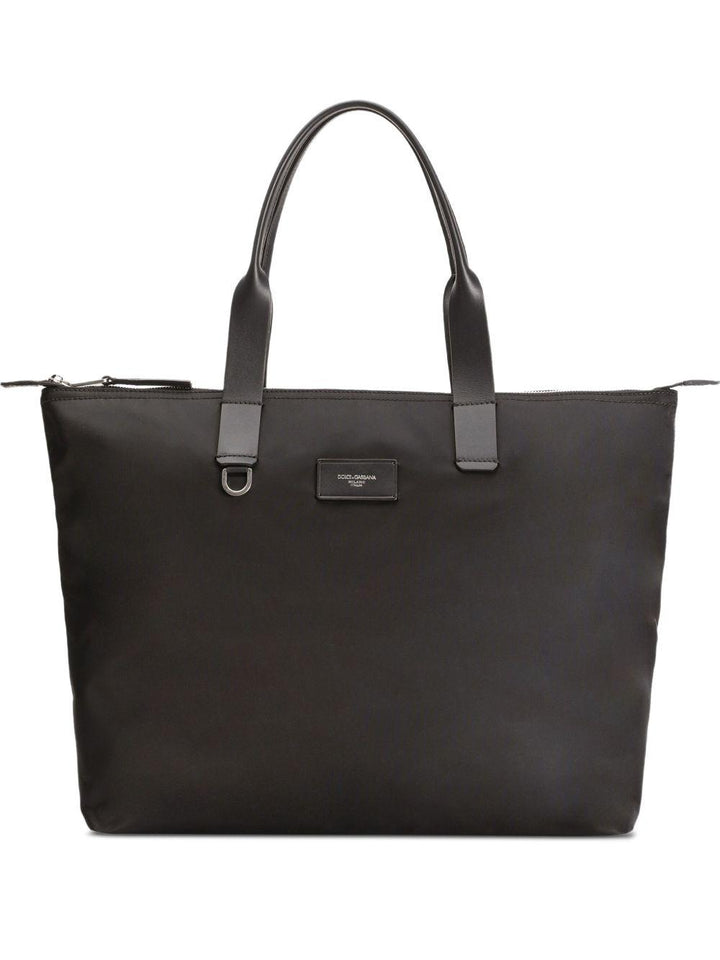 Borsa tote nera con placca logo e doppio manico 