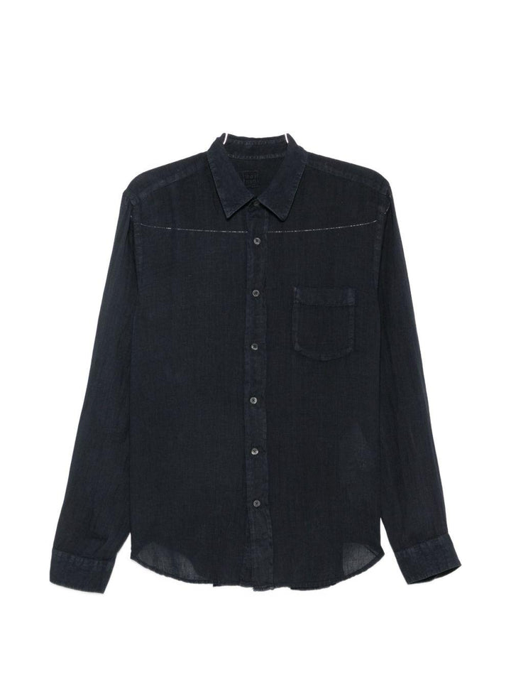 Camicia blu marine con taschino e cuciture a contrasto 