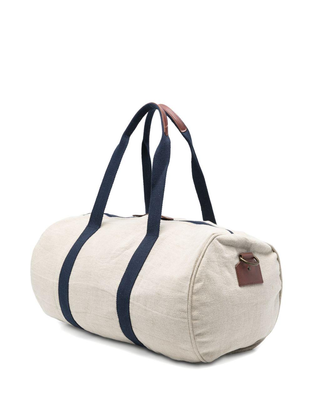 Borsone beige chiaro con logo ricamato, manici e tracolla rimovibile 
