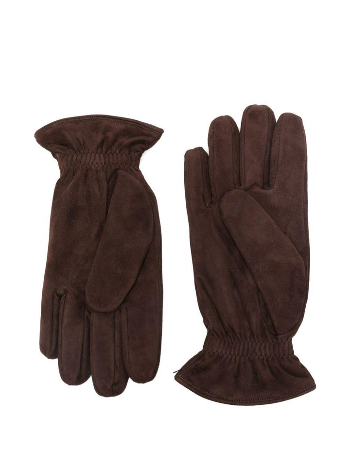 Guanti con ruches in suede marrone 