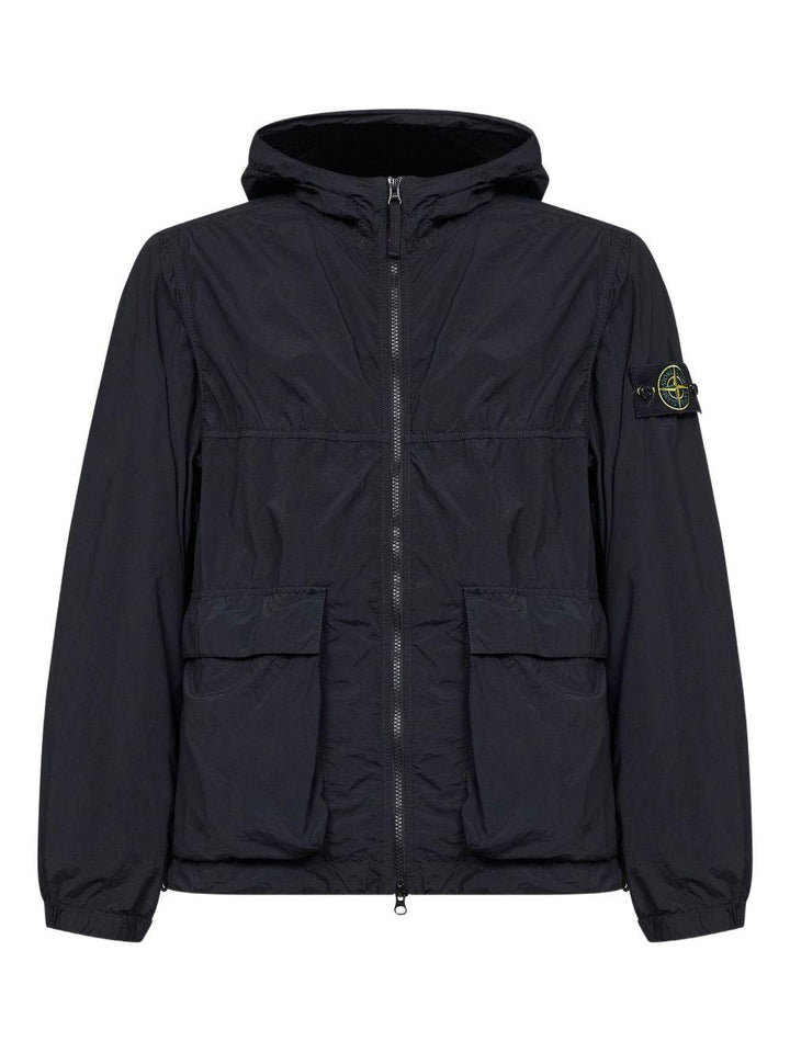 Piumino Nylon Smerigliato con cappuccio e logo nero 