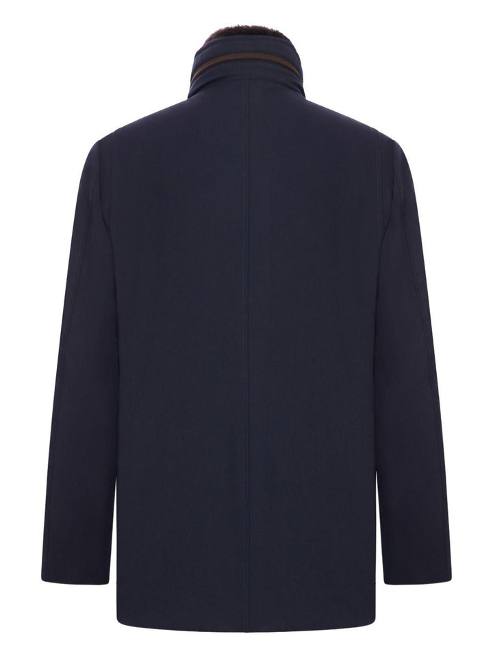 Giacca blu scuro con collo in pelliccia 